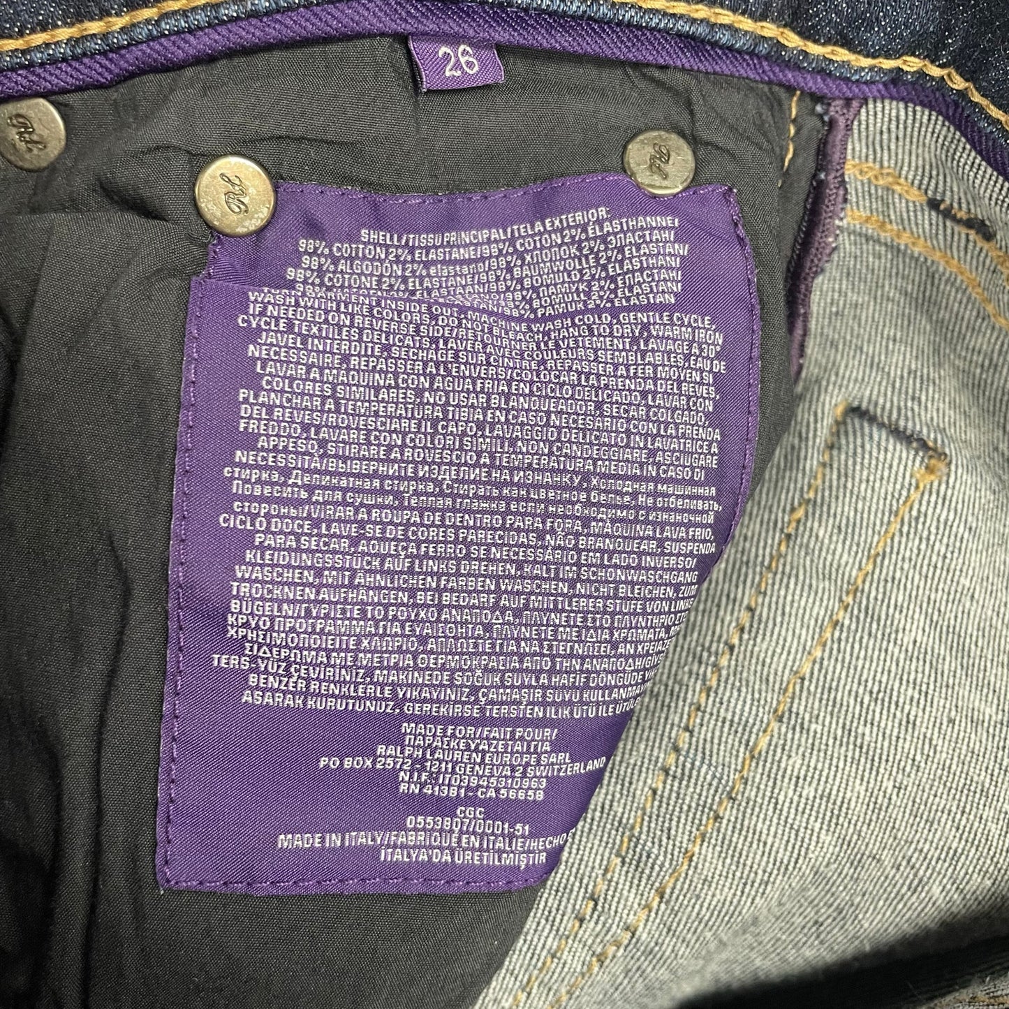 Ralph Lauren Purple Label Made in Italy Dark Wash Denim Skinny Jean Womens 26