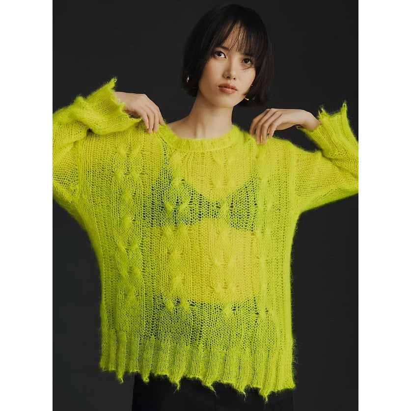 By Anthropologie The Posey Stitchy Distressed Sweater Neon Yellow Wool Blend XL