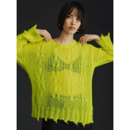 By Anthropologie The Posey Stitchy Distressed Sweater Neon Yellow Wool Blend XL