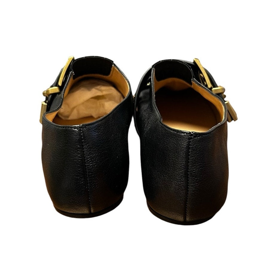 Chloe Susan Black Gold Studded Buckled Round Toe Leather Flats Womens 39 / US 9
