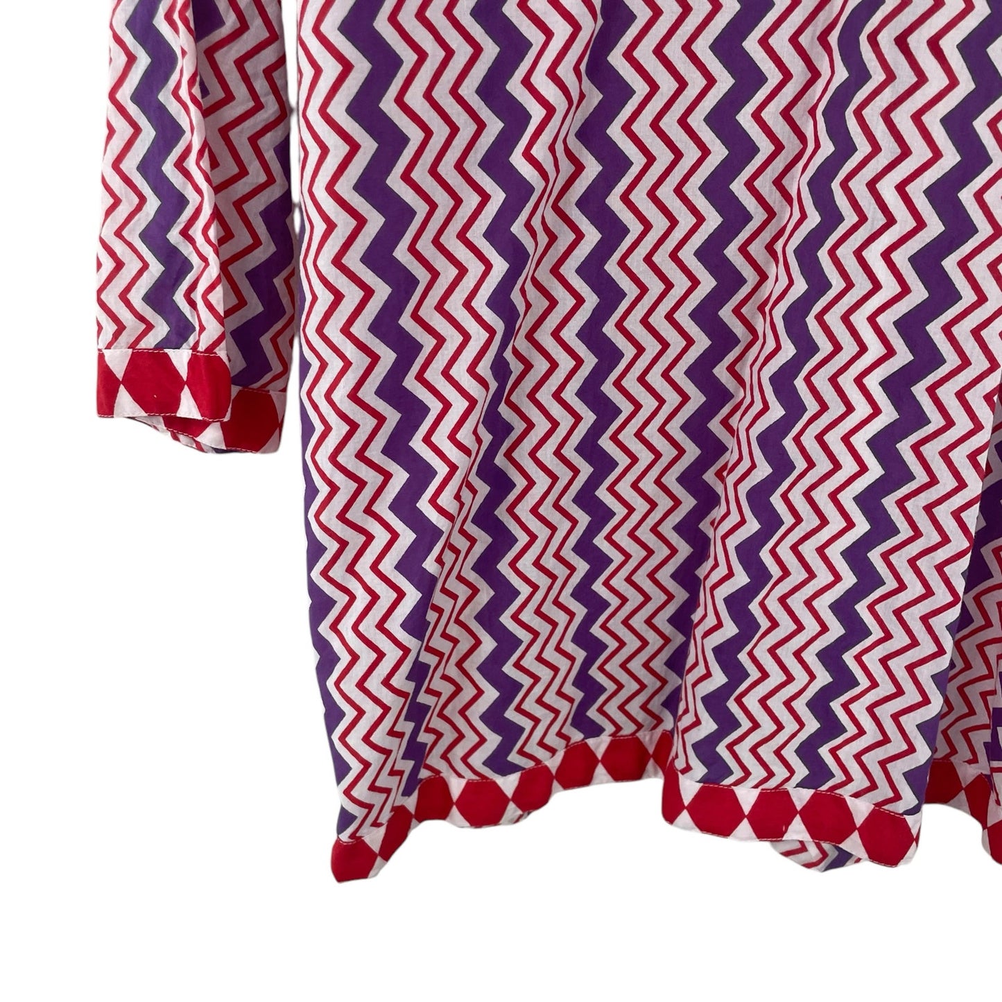 Gretchen Scott V Neck 3/4 Sleeve 100% Cotton Red Purple Geo Print Top Large