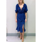 NWT Saloni Deep Blue Navy French Lace Cotton Olivia Midi Dress Womens 6