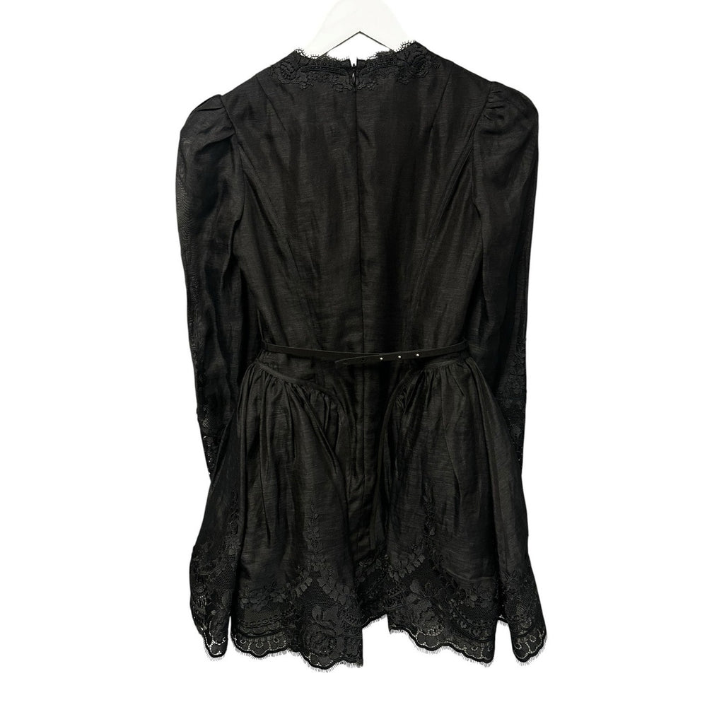 NWT Zimmermann Hypnotic Lace Trim Belted Linen Silk Mini Dress Black US 4