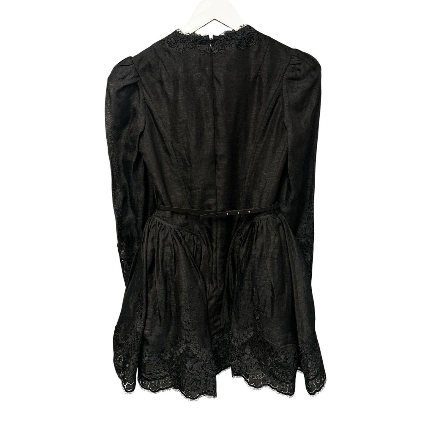 NWT Zimmermann Hypnotic Lace Trim Belted Linen Silk Mini Dress Black US 4