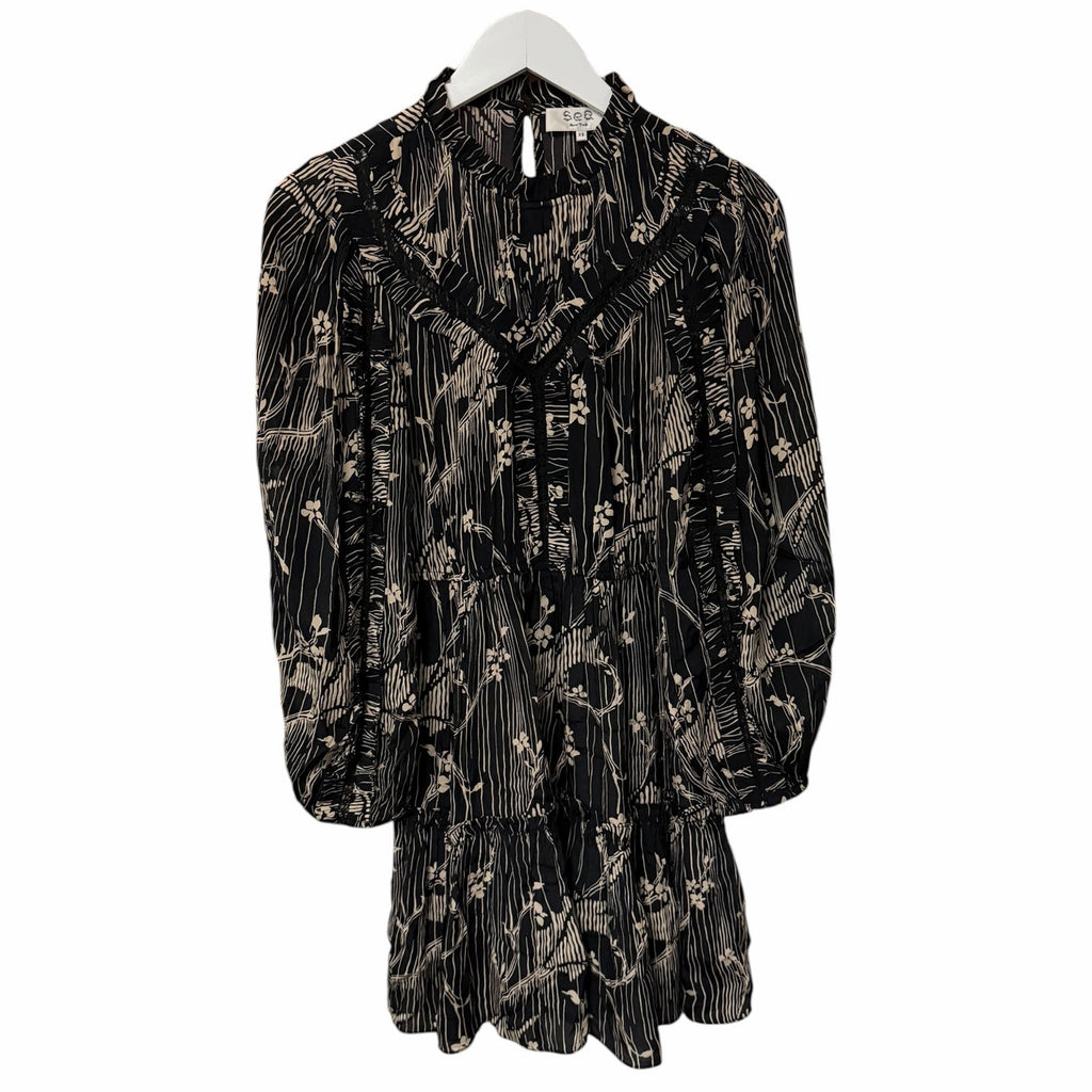 Sea New York Sunniva Mini Dress Black Beige Floral Print Size XS Boho Neutral