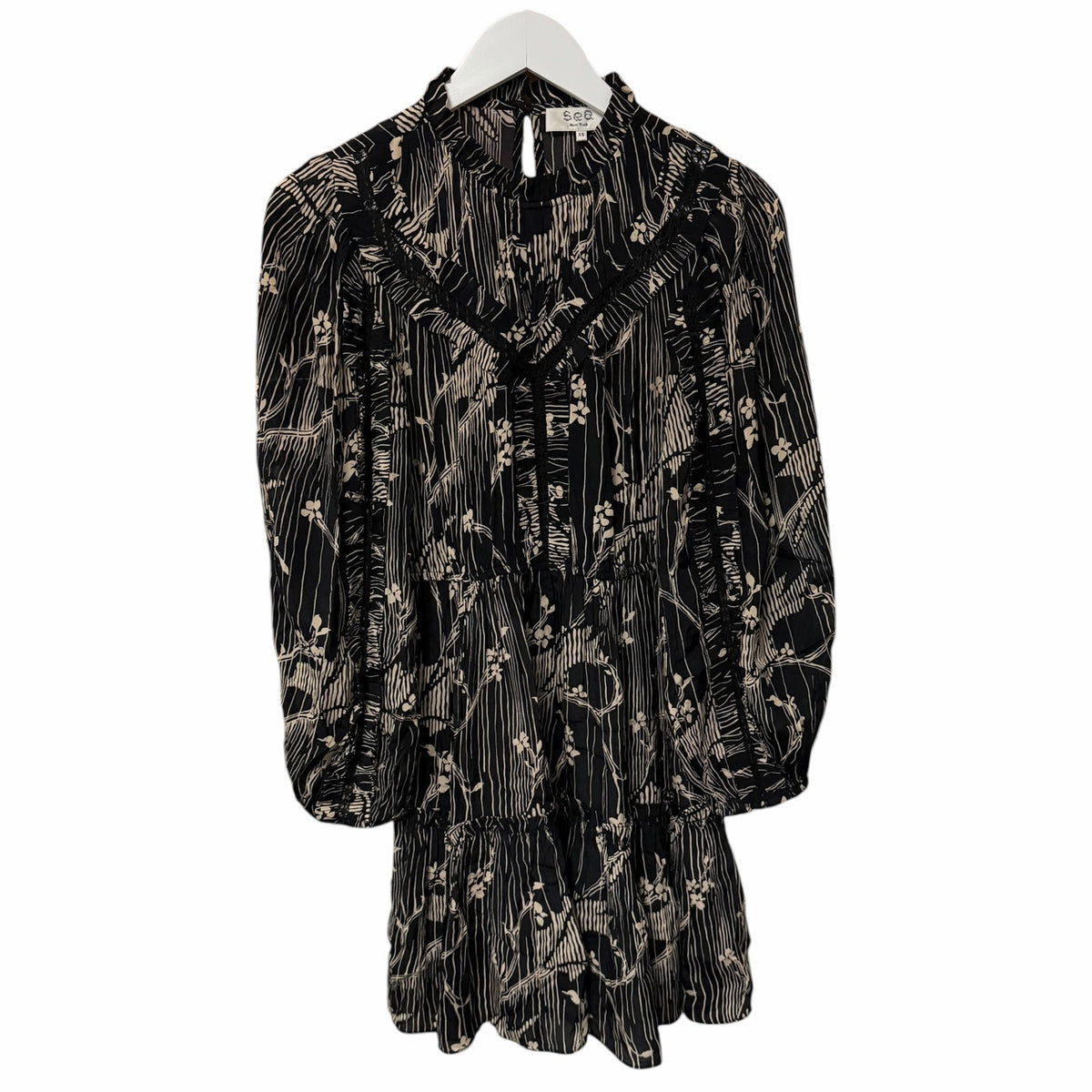 Sea New York Sunniva Mini Dress Black Beige Floral Print Size XS Boho Neutral