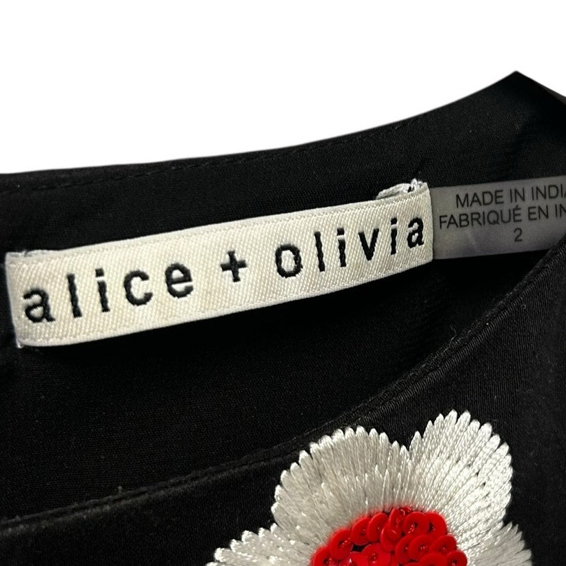 Alice + Olivia Black White Red Floral Embroidered Lindsey Mini Dress Womens 2