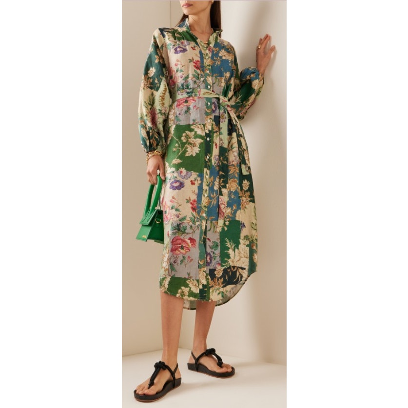 Alemais Loretta Patchwork Dress Green Multi Floral Pure Linen Size AU 12 / US 8