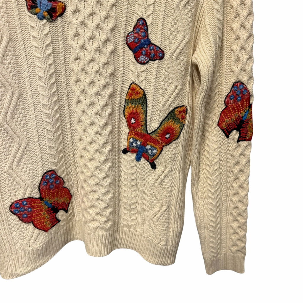 Valentino Butterfly Embroidered Sweater Cream Multicolor Cable Knit Size Medium