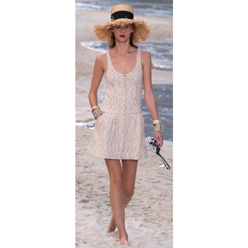 NWT Chanel 2019 Beige White Tweed Sequin Embellished Mini Dress Size 34 / US 2