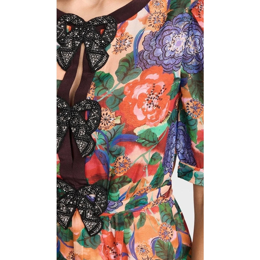Saloni Jamie Short Dress Multi Dianthus Floral Black Bows Size 4 Romantic Fem