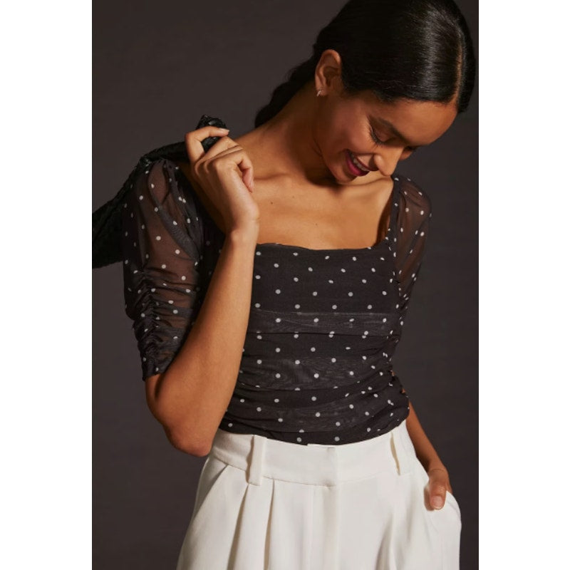 by Anthropologie Black White Shirred Mesh Short Sleeve Top Womens Size Medium