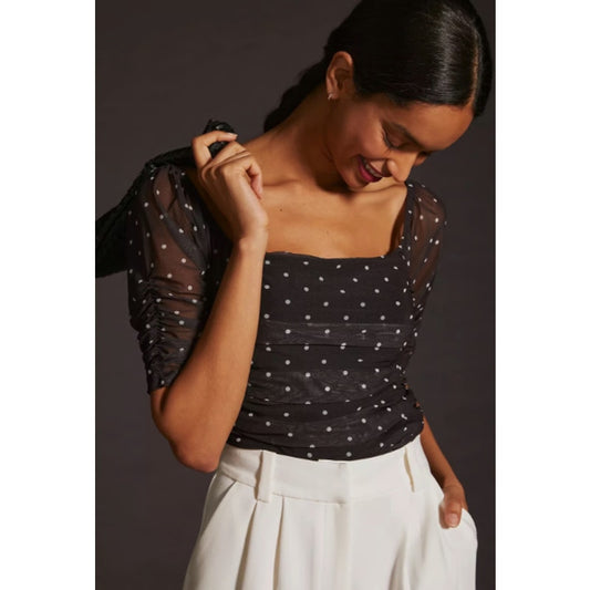 by Anthropologie Black White Shirred Mesh Short Sleeve Top Womens Size Medium