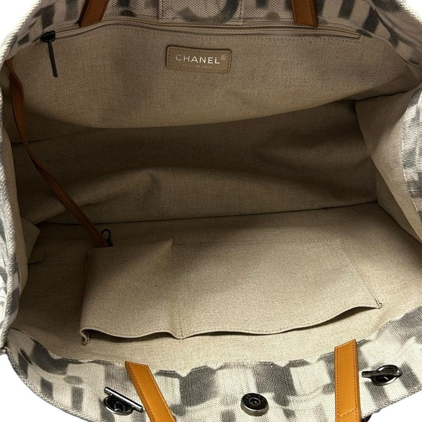 Chanel Cream Gray Canvas Iliad Chain Leather Strap Shopping Tote Bag