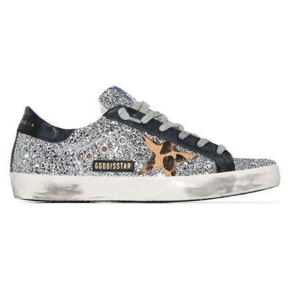 Golden Goose Superstar Silver Glitter Animal Print Star Sneakers Size 39 / US 9