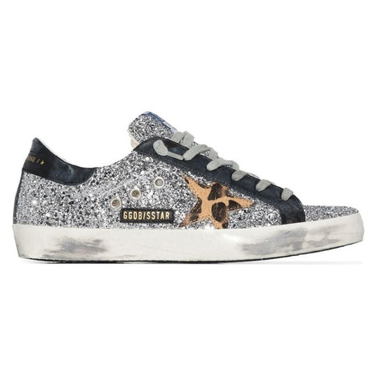 Golden Goose Superstar Silver Glitter Animal Print Star Sneakers Size 39 / US 9