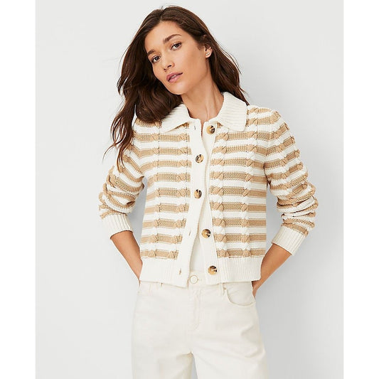 Ann Taylor Weekend Tan White Striped Cable Knit Cardigan Sweater Womens Medium