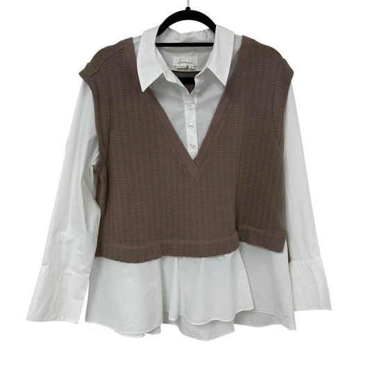 by Anthropologie Twofer Sweater Vest in Deep Mink and White Womens Size Medium