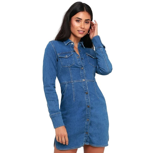 Free People Dynomite Medium Wash Long Sleeve Denim Dress Womens Medium