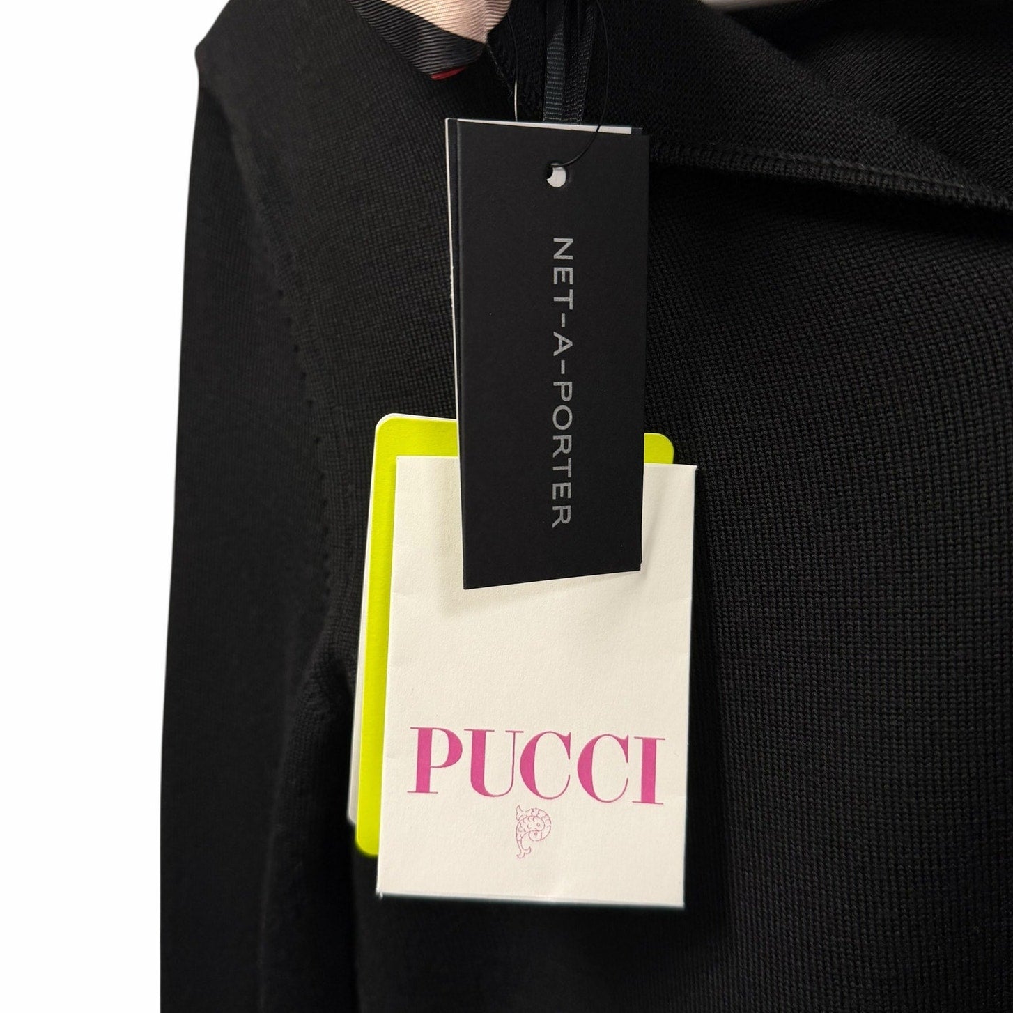 NWT Emilio Pucci Marmo Silk Collar Wool Jumper Sweater Black Tie Back Size Small