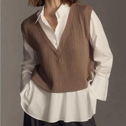 by Anthropologie Twofer Sweater Vest in Deep Mink and White Womens Size Medium