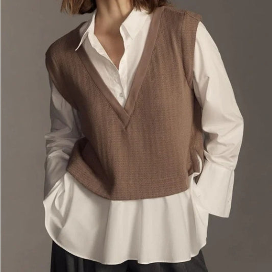 by Anthropologie Twofer Sweater Vest in Deep Mink and White Womens Size Medium