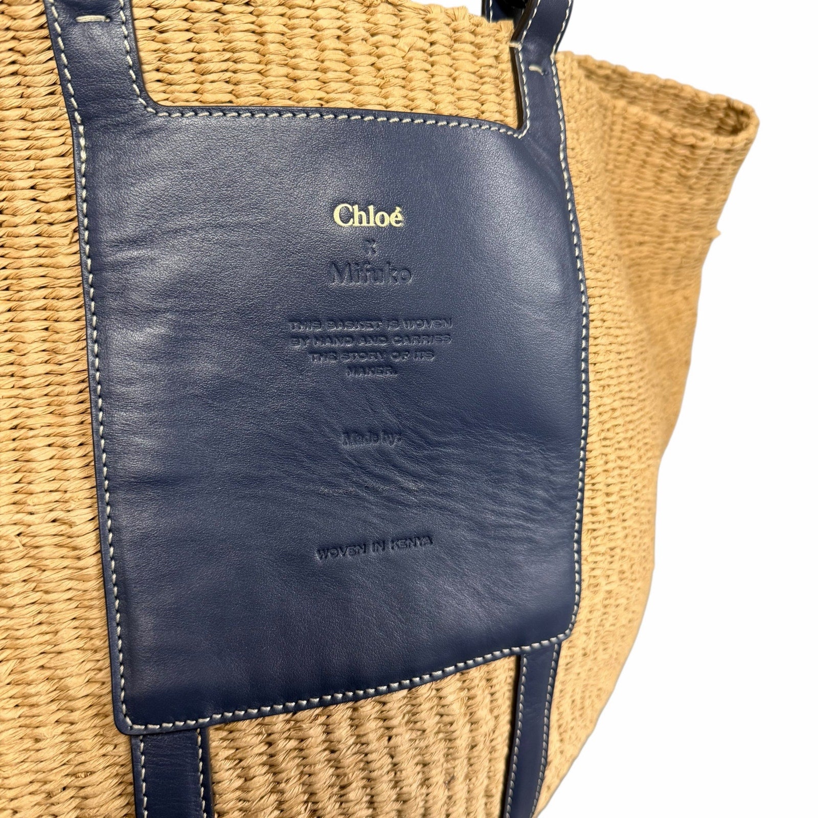 Chloe x Mifuko Large Raffia Basket Tote in Fair Trade Paper & Navy Leather