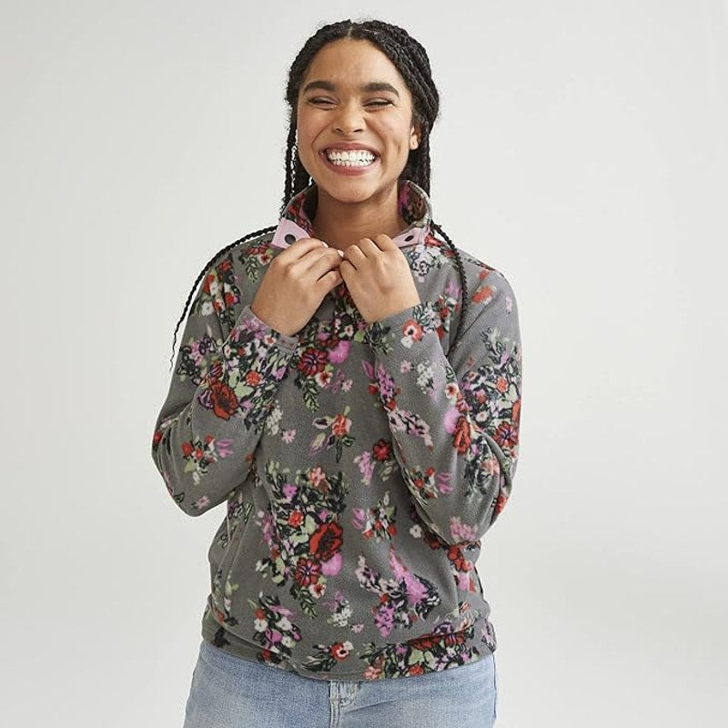 Vera Bradley Gray Hope Blooms Snap Collar Sporty Fleece Pullover Womens Medium