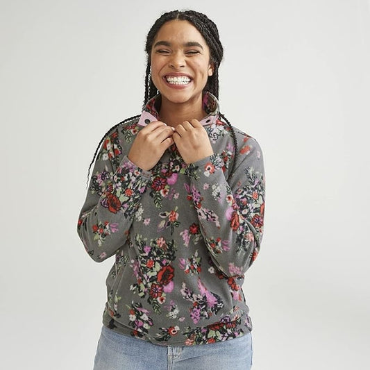 Vera Bradley Gray Hope Blooms Snap Collar Sporty Fleece Pullover Womens Medium
