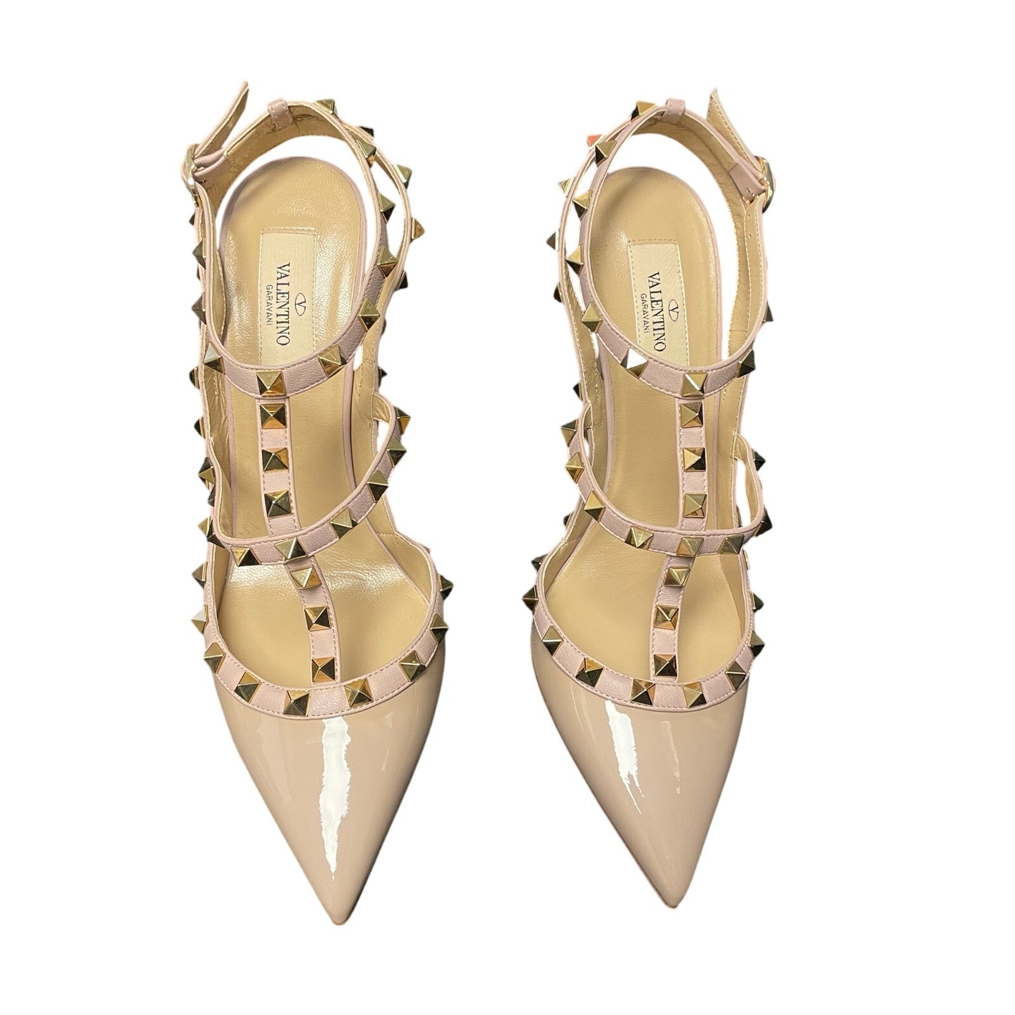 Valentino Garavani Rockstud T Strap Pointed Toe Blush Leather Heels 40 / US 10