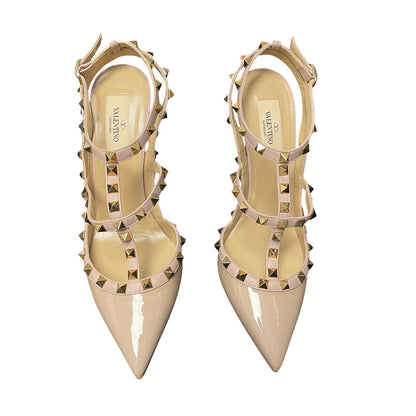 Valentino Garavani Rockstud T Strap Pointed Toe Blush Leather Heels 40 / US 10