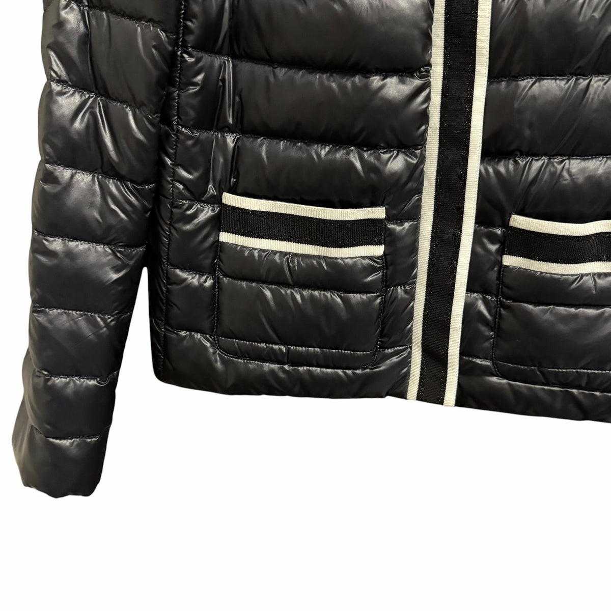 Herno Grosgrain Trim Water Resistant Down Puffer Jacket Black White Size US 8