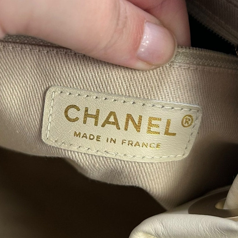 Chanel Beige Leather White Flower Camellia Double Handle Tote Shoulder Bag