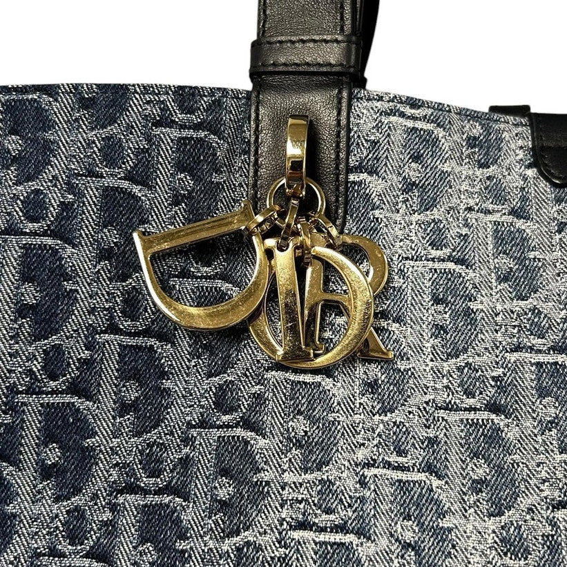 Christian Dior Toujours Blue Denim Oblique Jacquard Double Handle Tote Bag