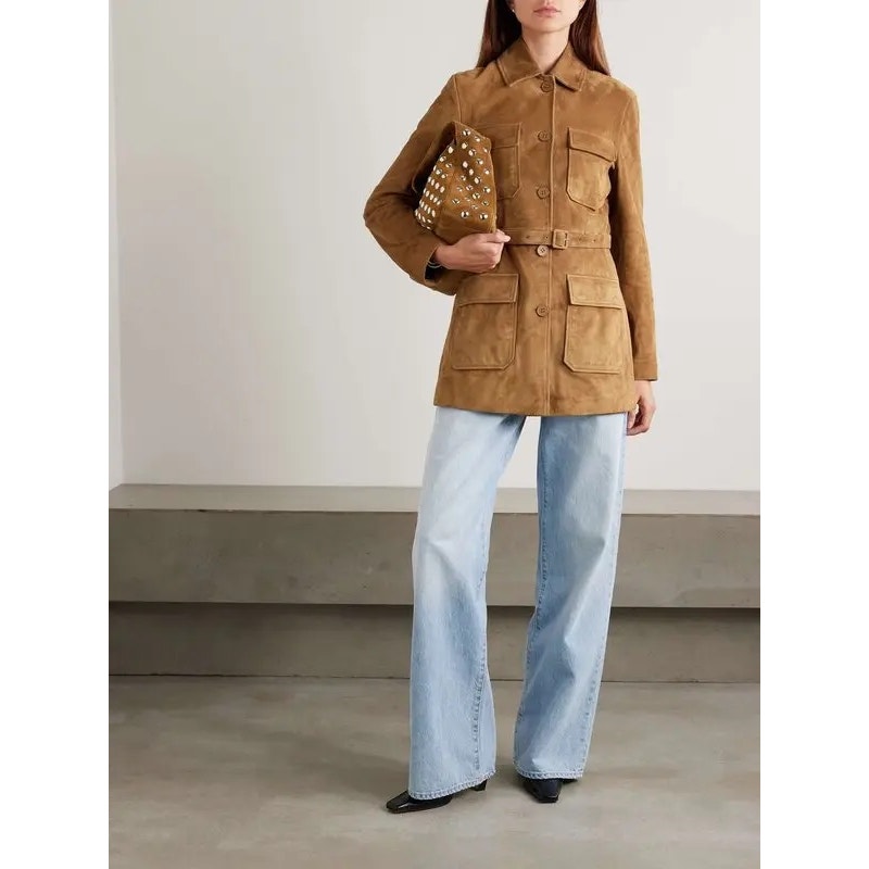 Nour Hammour Tan Ramona Belted Button Front Suede Jacket Womens 36 US 4 Neutral