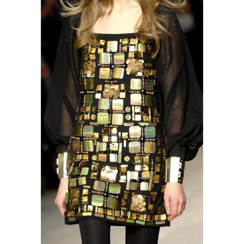 Emilio Pucci Black Gold Sheath Paillette Sequin Embellished Runway Dress 42 US 6