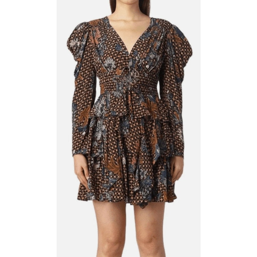 Ulla Johnson Gerbera Floral Print Long Puff Sleeve Oni Silk Mini Dress Womens 6