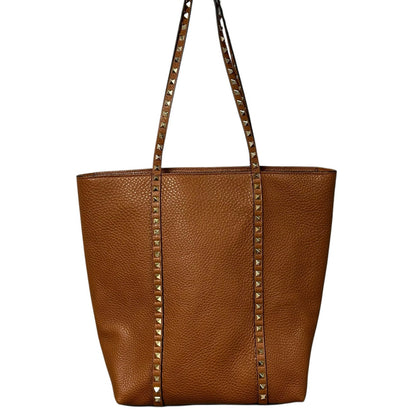 Valentino Garavani Brown Gold Signature Rockstud North-South Leather Tote Bag