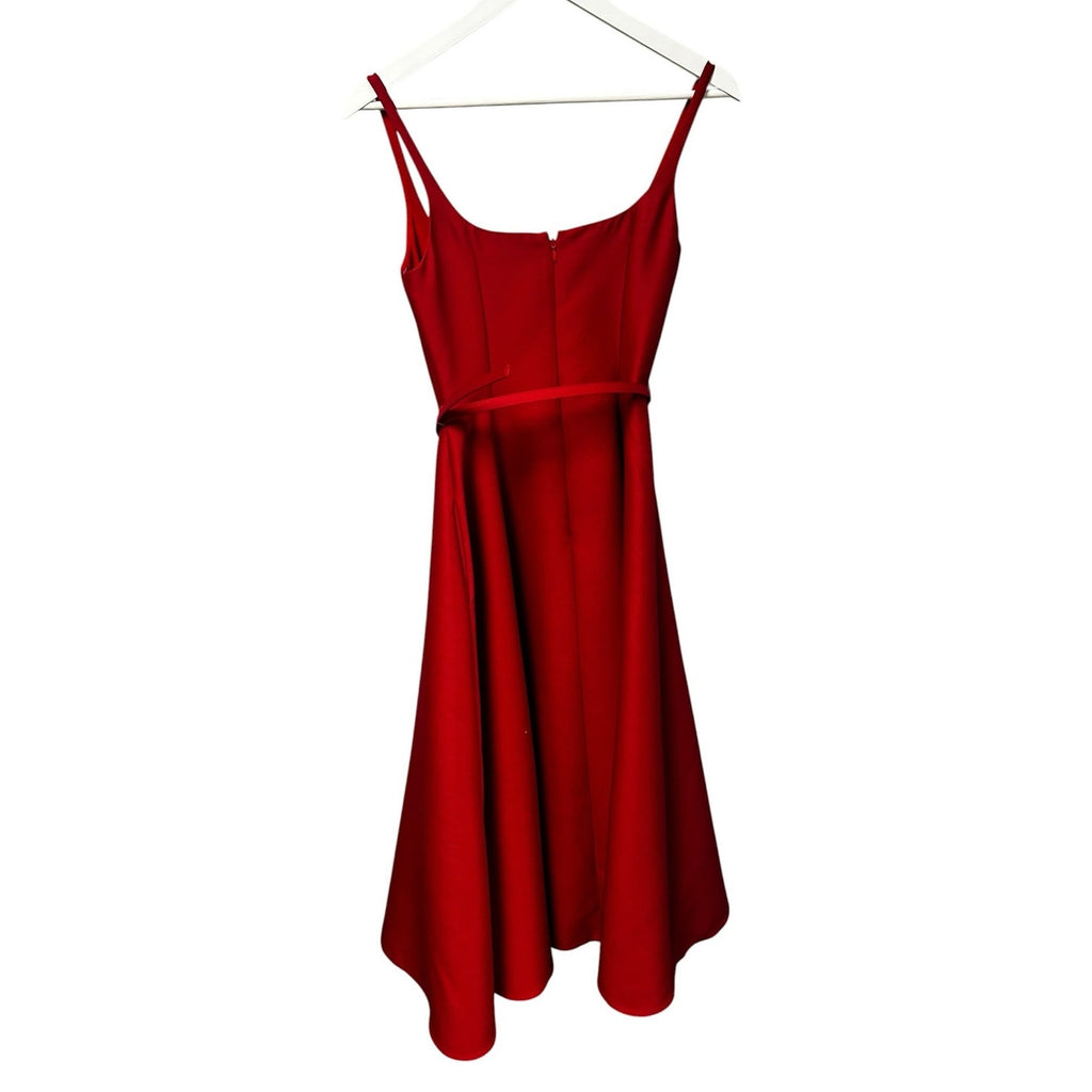 Christian Dior Paris Red Belted A Line Flare Sleeveless Midi Dress Womens US 2
