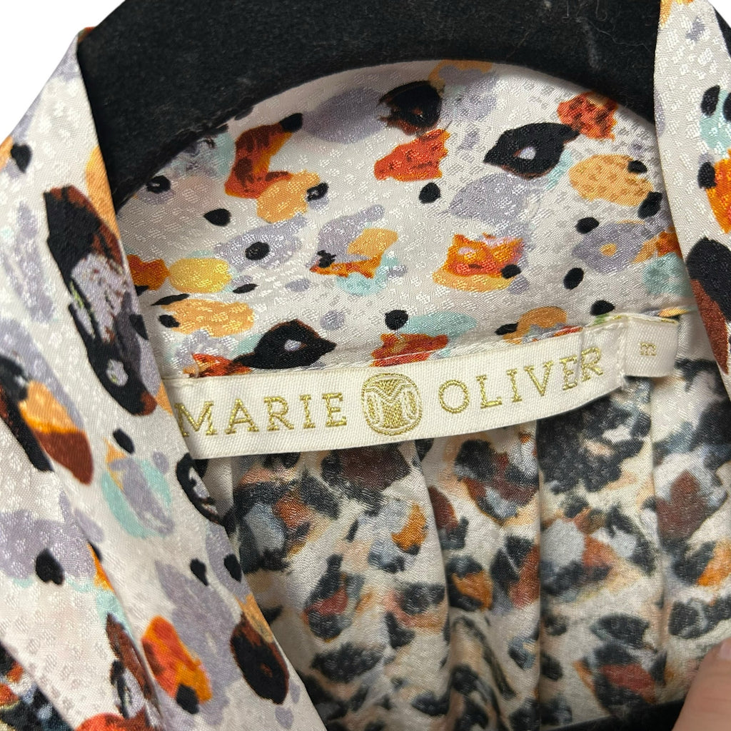Marie Oliver 100% Silk Cream Multicolor Animal Print Tie Neck Top Womens Medium