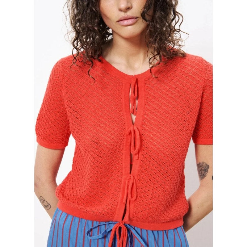 Frnch Paris Red Aelis Woven Tie Front Short Sleeve Cardigan Sweater Womens Small