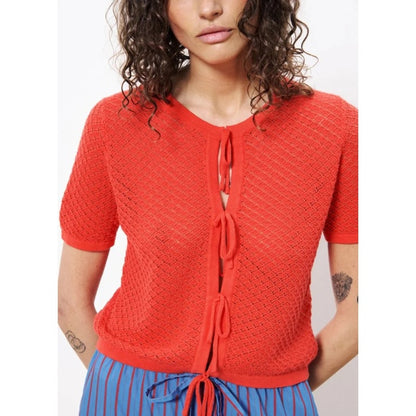 Frnch Paris Red Aelis Woven Tie Front Short Sleeve Cardigan Sweater Womens Small