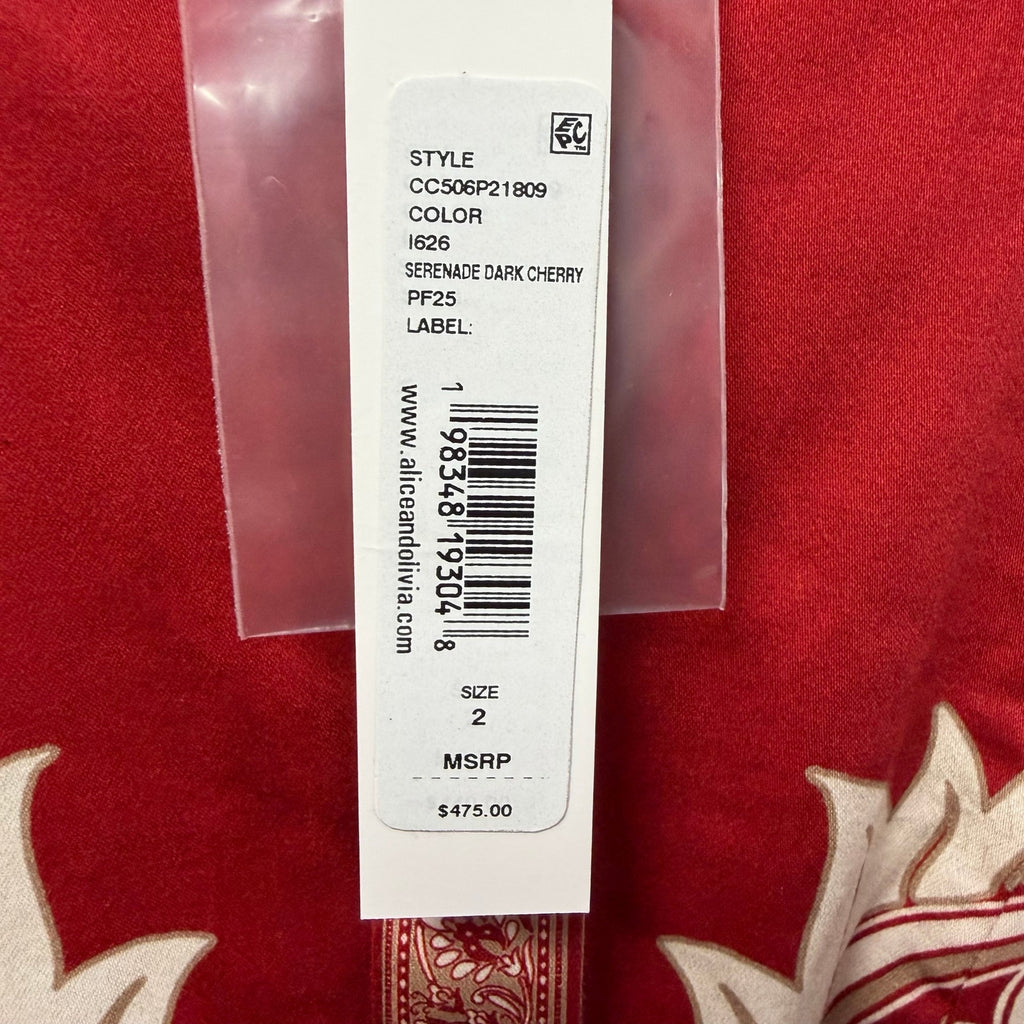 NWT Alice + Olivia Lucy Button Down Romper Serenade Dark Cherry Tie Waist Size 2