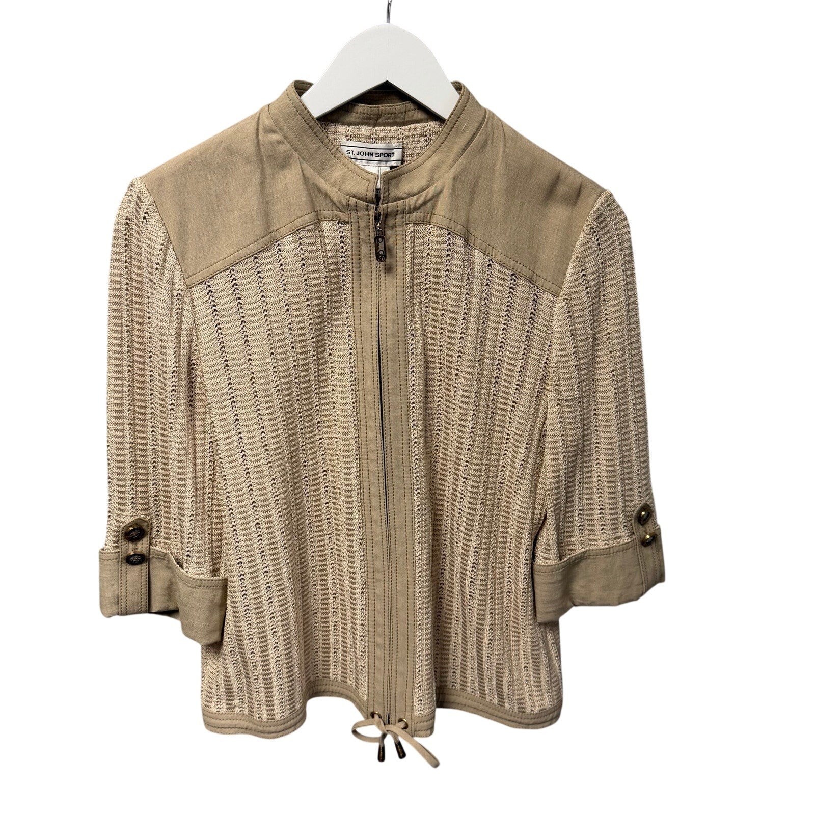 St. John Sport Beige Pointelle Knit Zip Up Cinch Waist Jacket Womens Size Medium