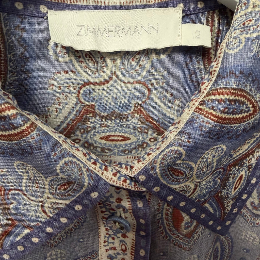 Zimmermann Vitali Relaxed Fit Blouse Button Up Blue Paisley Silk AU 2 / US 8