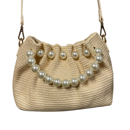 Melie Bianco Josie Natural Small Straw Pearl Embellished Top Handle Bag