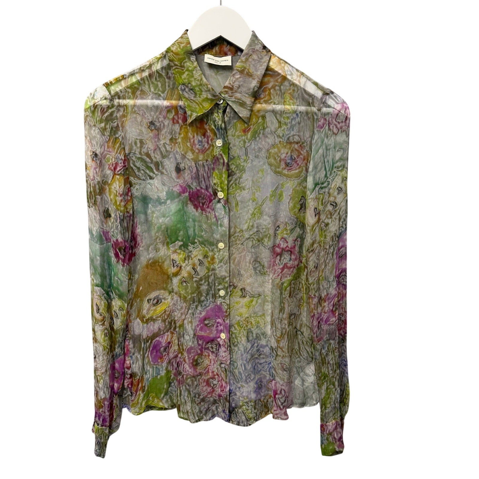 Dries Van Noten Cloudy Floral Sheer Silk Button Up Shirt Green Multi Womens US 6
