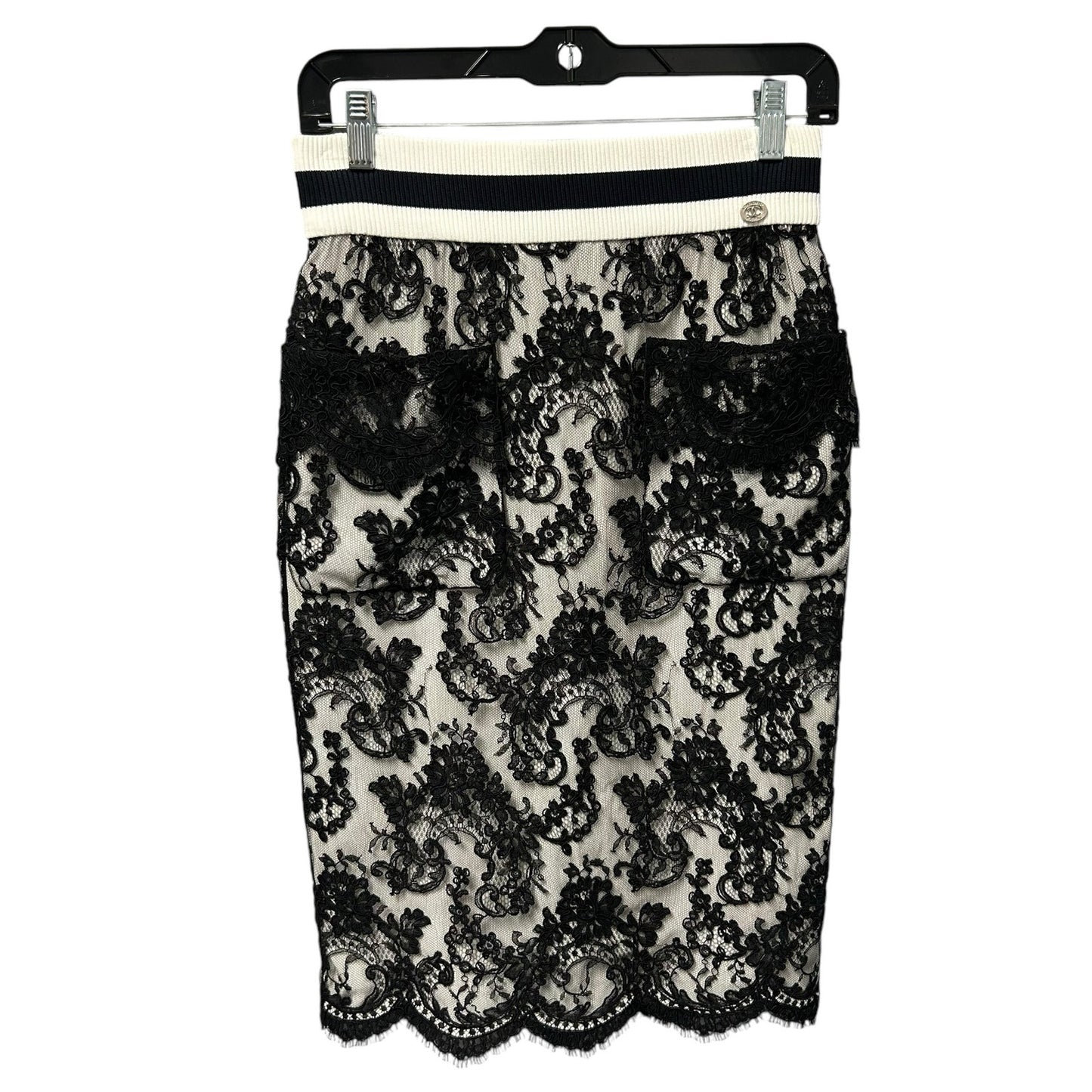 Chanel White with Black Lace Overlay Knee Length Pencil Skirt Womens 36 / 2-4