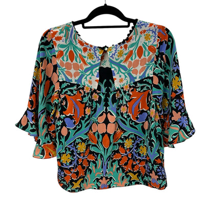 Maeve Black Multi Folkart Floral Print Short Sleeve Silk Kimono Top Womens 6