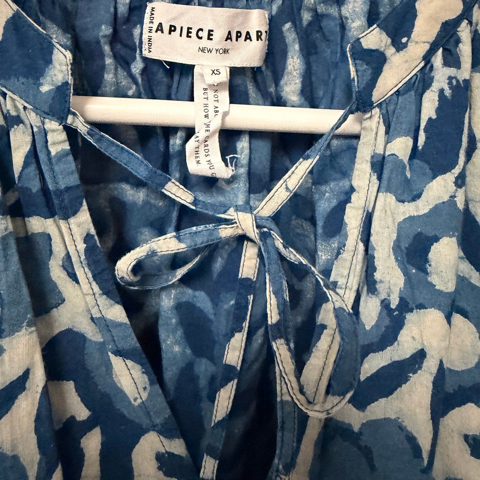 Apiece Apart Lumina Popover Blouse Organic Cotton Batik Floral Indigo Print XS